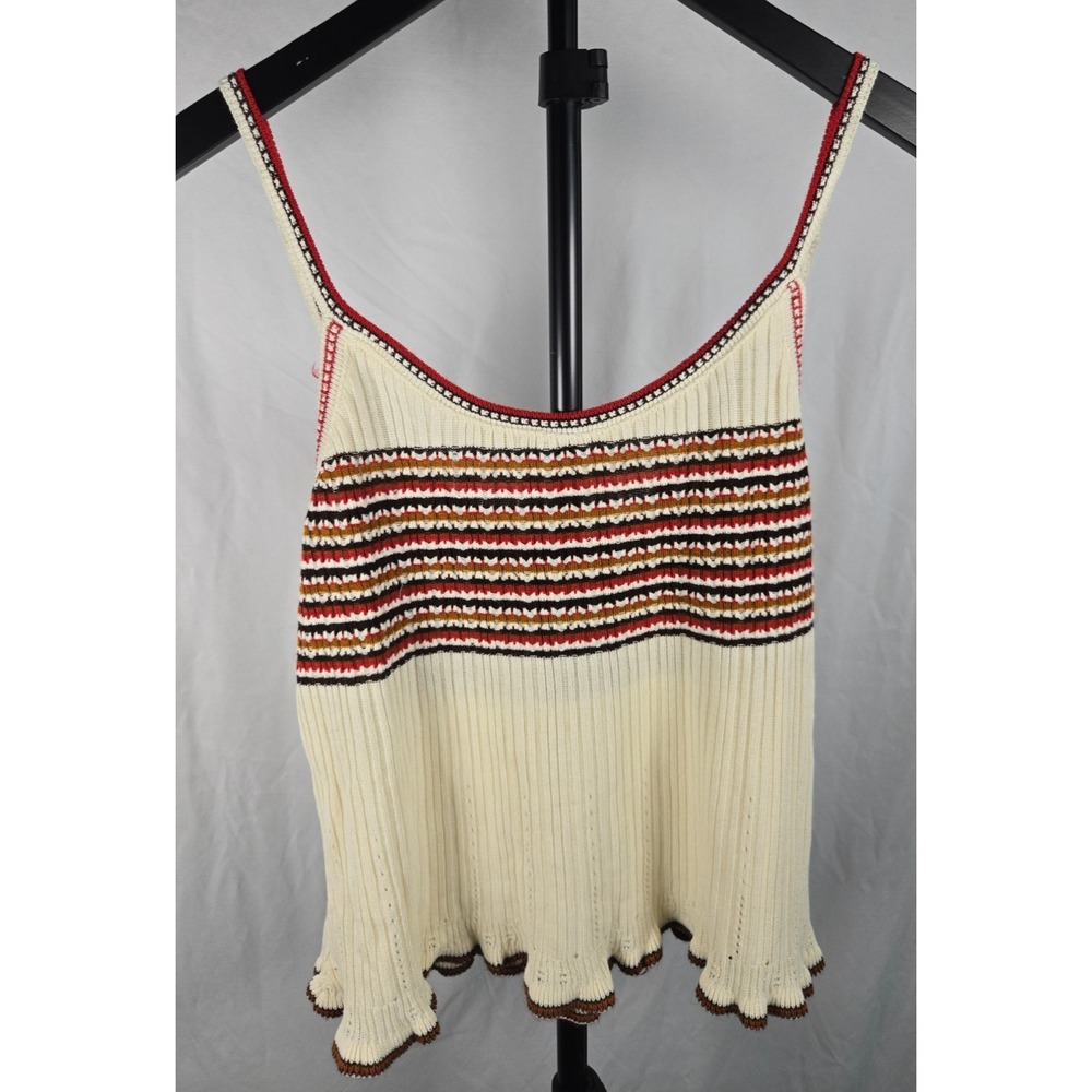 VTG Y2K XOXO Sweater Knit Tank Top L Ivory Striped Lettuce Hem Retro Festival